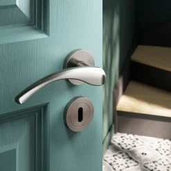 GoodHome Ensemble poignée sur rosace rond à visser Ruis effet nickel satin gris Ø50mm- Poignée De Porte