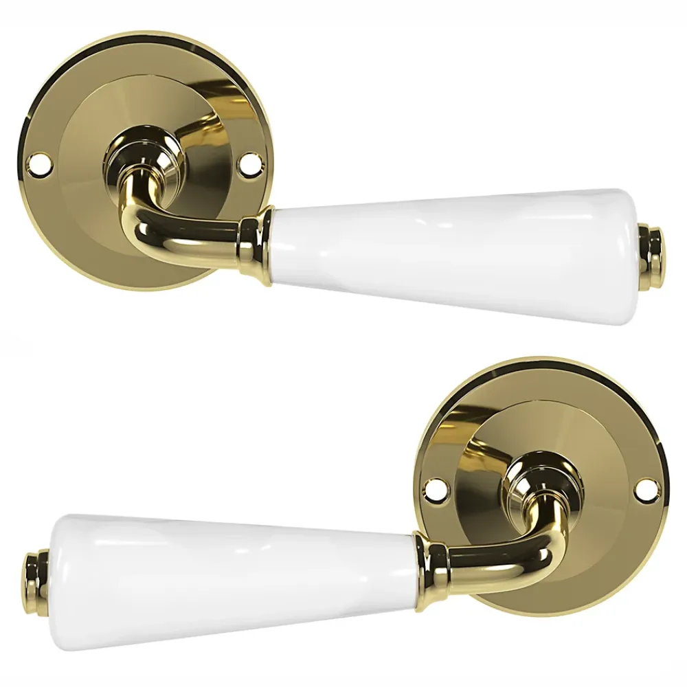GoodHome Ensemble poignée sur rosace Incurvé vis traversante ou à vis Porcelaine Vras brillant or Ø48mm- Poignée De Porte