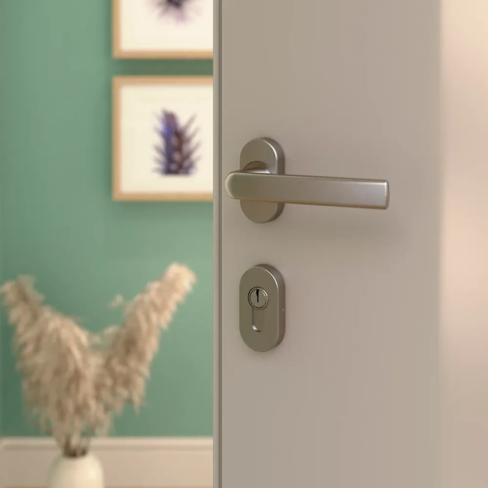 GoodHome Ensemble poignée sur rosace Incurvé à visser Primel effet nickel satin gris chromé- Poignée De Porte Extérieure