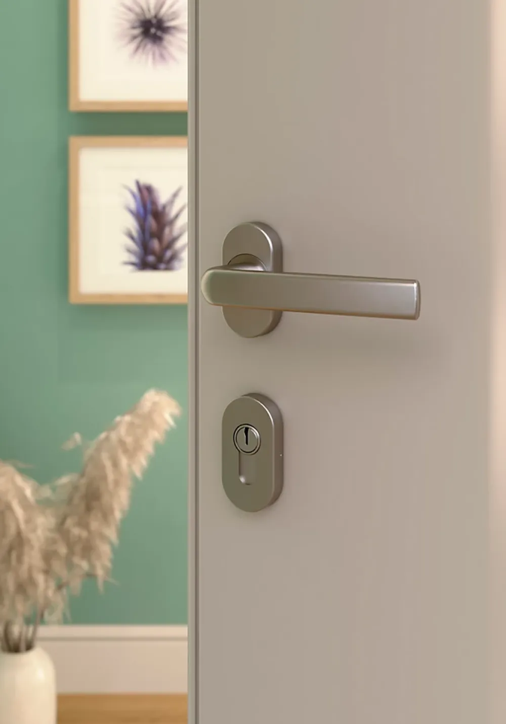 GoodHome Ensemble poignée sur rosace Incurvé à visser Primel effet nickel satin gris chromé- Poignée De Porte Extérieure
