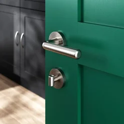 GoodHome Poignée De Porte<Ensemble poignée sur rosace rond à visser Dizel effet nickel satin gris Ø50mm