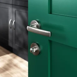 GoodHome Ensemble poignée sur rosace Incurvé à visser Primel effet nickel satin gris Ø52mm- Poignée De Porte