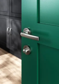 GoodHome Ensemble poignée sur rosace Incurvé à visser Primel effet nickel satin gris Ø52mm- Poignée De Porte