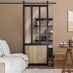 Porte Coulissante<Ensemble porte coulissante noire Mykado 3 vitrages transparents et système de rail