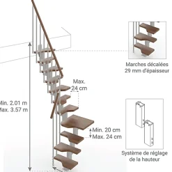 Matisere Escalier 1 quart tournant 13 marches - Hauteur à franchir de 2.81 à 3.33m - Largeur 61cm - Couleur noyer et gris -- Escalier Quart Tournant