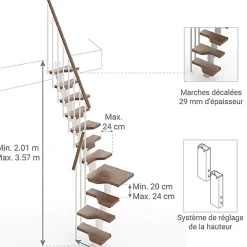 Matisere Escalier 1 quart tournant 12 marches - Hauteur à franchir de 2.61 à 3.09m - Largeur 61cm - Couleur noyer et gris -- Escalier Quart Tournant