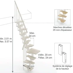 Matisere Escalier 1 quart tournant 12 marches - Hauteur à franchir de 2.61 à 3.09m - Largeur 61cm - Couleur bois et blanc -- Escalier Quart Tournant