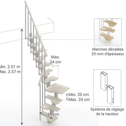 Matisere Escalier 1 quart tournant 11 marches - Hauteur à franchir de 2.41 à 2.85m - Largeur 61cm - Couleur bois et blanc -- Escalier Quart Tournant
