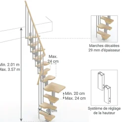 Matisere Escalier 1 quart tournant 11 marches - Hauteur à franchir de 2.41 à 2.85m - Largeur 61cm - Couleur naturel et blanc -- Escalier Quart Tournant