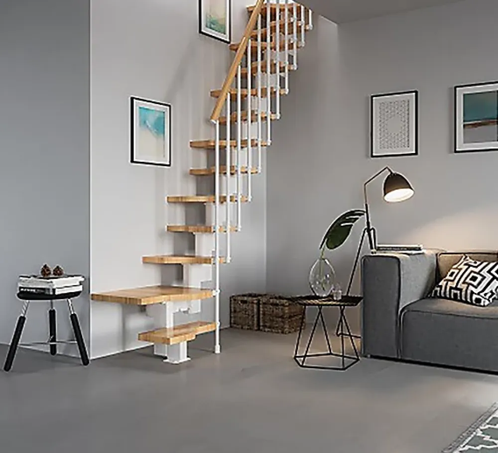 Matisere Escalier 1 quart tournant 9 marches - Hauteur à franchir de 2.01 à 2.37m - Largeur 61cm - Couleur naturel et blanc -- Escalier Quart Tournant