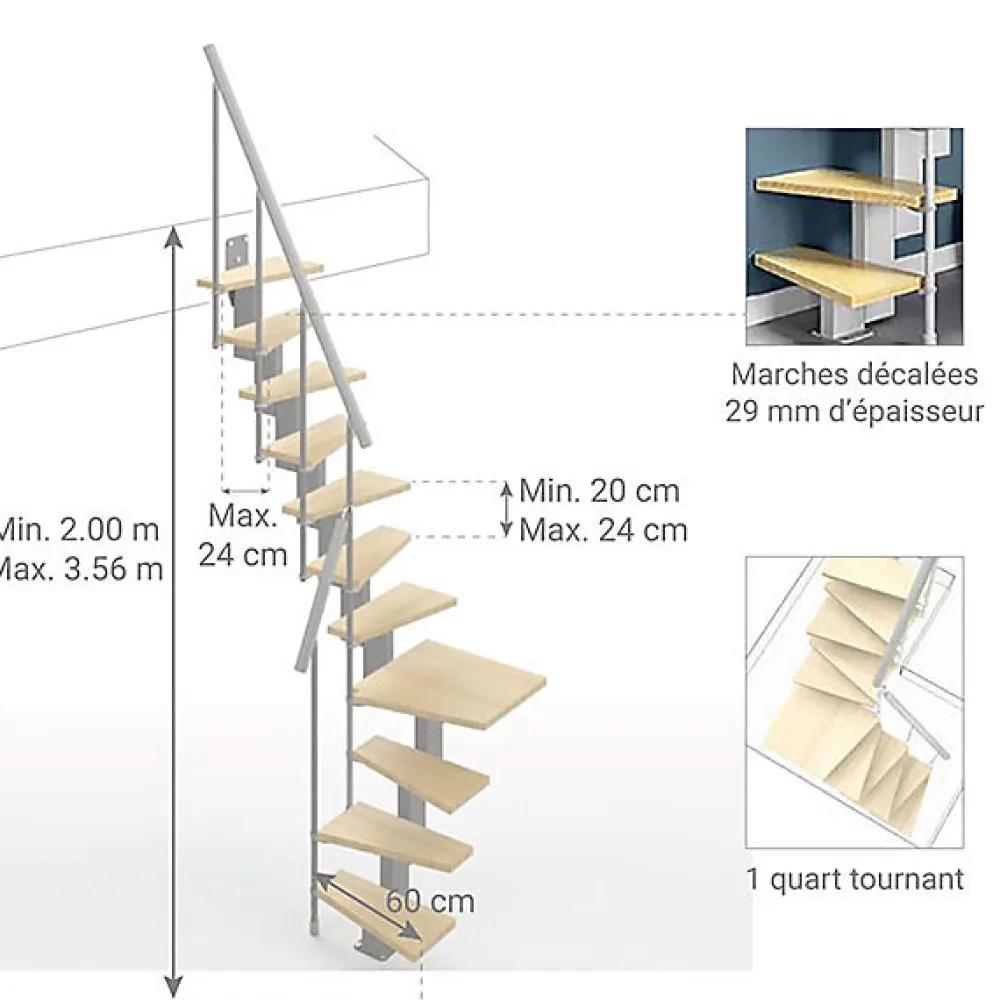 Matisere Escalier 1 quart tournant 11 marches - Hauteur à franchir de 2.40 à 2.84m - Largeur 60cm - Couleur bois et blanc -- Escalier Quart Tournant