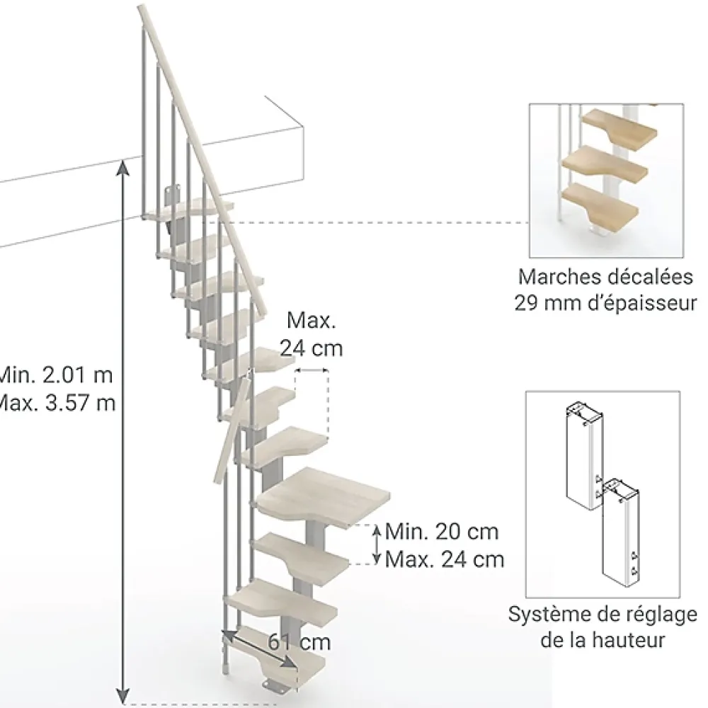 Matisere Escalier 1 quart tournant 14 marches - Hauteur à franchir de 3.01 à 3.57m - Largeur 61cm - Couleur bois et blanc -- Escalier Quart Tournant
