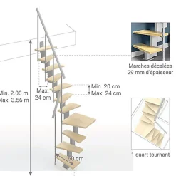 Matisere Escalier 1 quart tournant 9 marches - Hauteur à franchir de 2.00 à 2.36m - Largeur 60cm - Couleur bois et blanc -- Escalier Quart Tournant