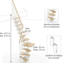 Matisere Escalier 1 quart tournant 12 marches - Hauteur à franchir de 2.61 à 3.09m - Largeur 61cm - Couleur naturel et blanc -- Escalier Quart Tournant