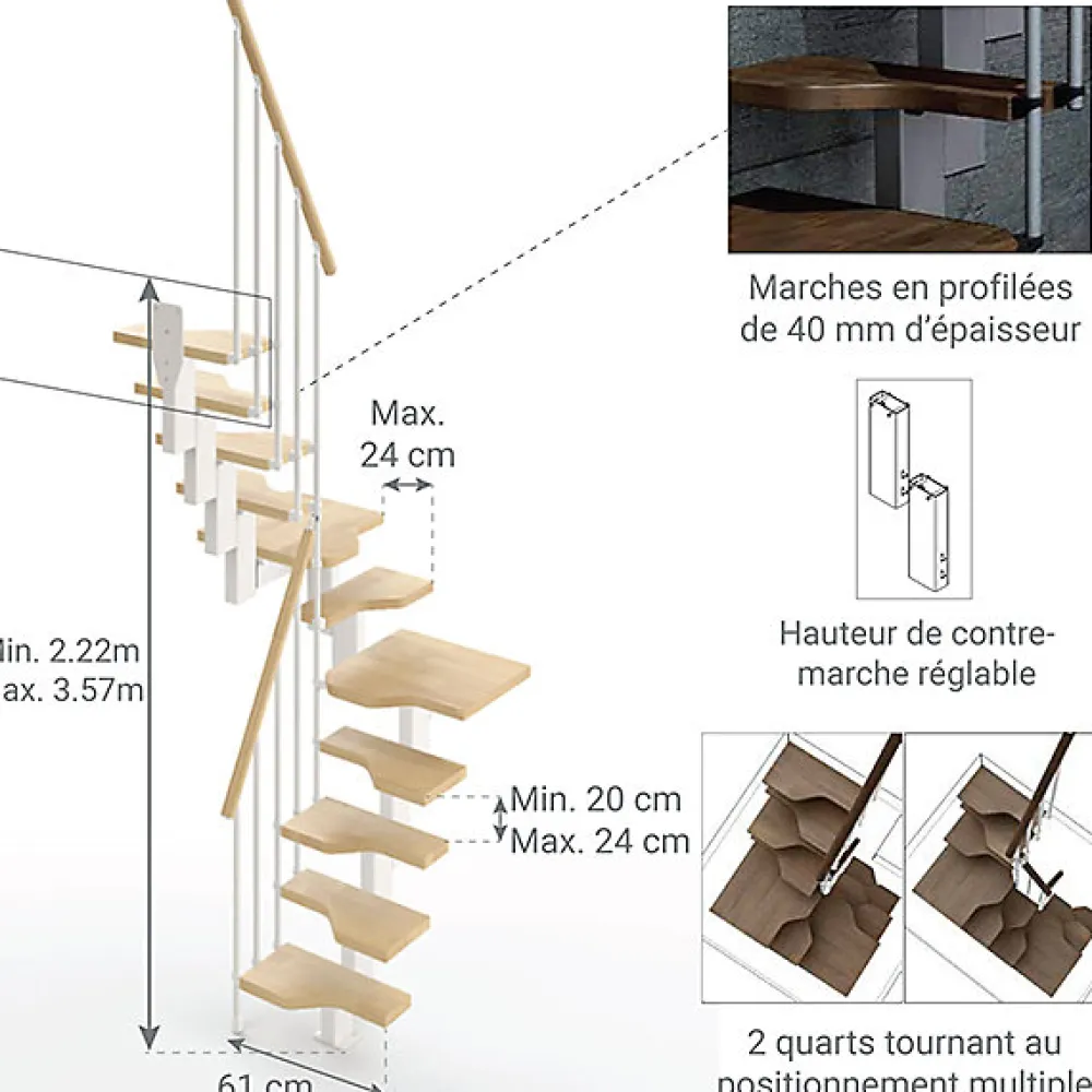 Matisere Escalier Quart Tournant<Escalier 2 quart tournant 12 marches - Hauteur à franchir de 2.61 à 3.09m - Largeur 61cm - Couleur naturel et blanc -