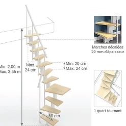 Matisere Escalier Quart Tournant<Escalier 1 quart tournant 12 marches - Hauteur à franchir de 2.60 à 3.08m - Largeur 60cm - Couleur bois et blanc -
