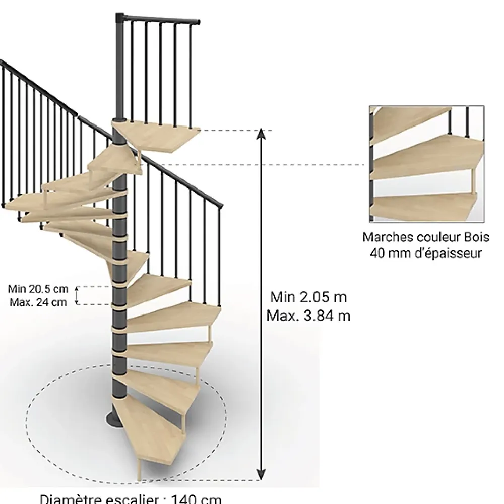 Matisere Escalier Colimaçon<Escalier colimaçon 15 marches - Haut. à franchir 3.08 à 3.60m - Diam. 140cm - Trémie carrée - structure grise / marches naturel -