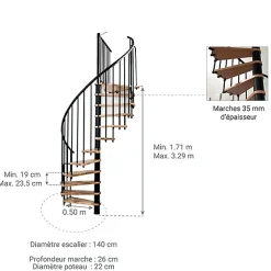 Matisere Escalier Colimaçon<Escalier colimaçon 11 marches - Hauteur à franchir 2.09 à 2.59m - Diamètre 140cm - Structure noire et marche hêtre - BERL140-NH-11