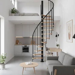 Matisere Escalier colimaçon 10 marches - Hauteur à franchir 2.09 à 2.59m - Structure noire et marche hêtre - Diamètre 140cm - SUON140/NH-10- Escalier Quart Tournant