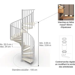 Matisere Escalier Quart Tournant<Escalier colimaçon 13 marches - Hauteur à franchir de 2.67m à 3.12m - Diamètre 1.05m - Structure blanche et marche blanchi -