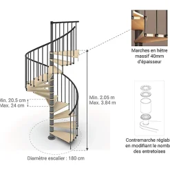 Matisere Escalier colimaçon 11 marches - Haut. à franchir 2.26 à 2.64m - Diam. 180cm - Trémie ronde - Struct. anthracite / marches Naturel- Escalier Colimaçon