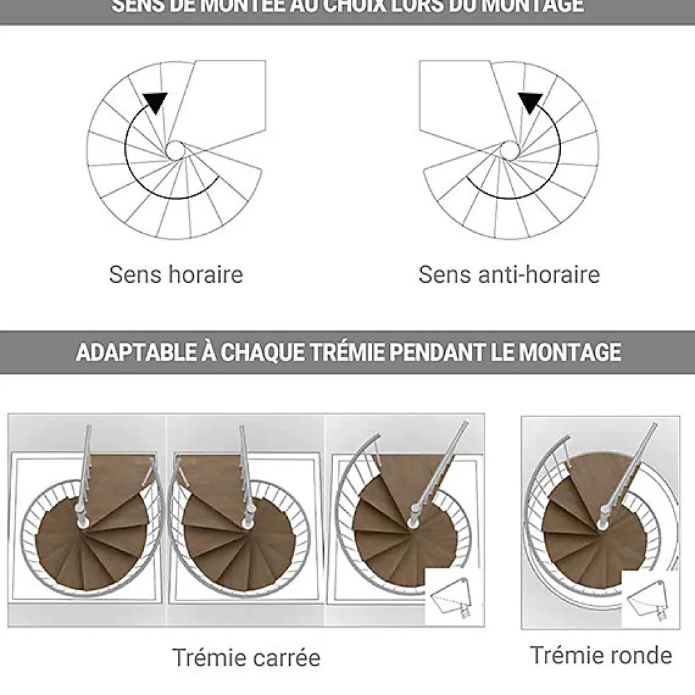 Matisere Escalier colimaçon 10 marches - Haut. à franchir 2.05 à 2.40m - Diam. 120cm - Trémie ronde - Struct. anthracite / marches noyer -- Escalier Colimaçon