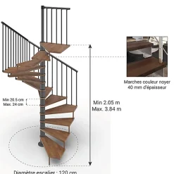 Matisere Escalier Colimaçon<Escalier colimaçon 15 marches - Haut. à franchir 3.08 à 3.60m - Diam. 120cm - Trémie carrée - Struct. anthracite / marches Noyer -