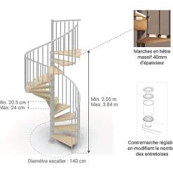 Matisere Escalier colimaçon 11 marches - Haut. à franchir 2.26 à 2.64m - Diam. 140cm - Struct. grise / marches naturel- Trémie ronde -- Escalier Colimaçon
