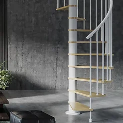 Matisere Escalier colimaçon 10 marches - Hauteur à franchir 2.05 à 2.40m - Diamètre 138cm - Bois et blanc - Sens anti-horaire -- Escalier Colimaçon