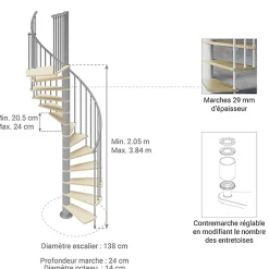 Matisere Escalier Colimaçon<Escalier colimaçon 12 marches - Hauteur à franchir 2.46 à 2.88m - Diamètre 138cm - Bois et blanc - Sens anti-horaire -