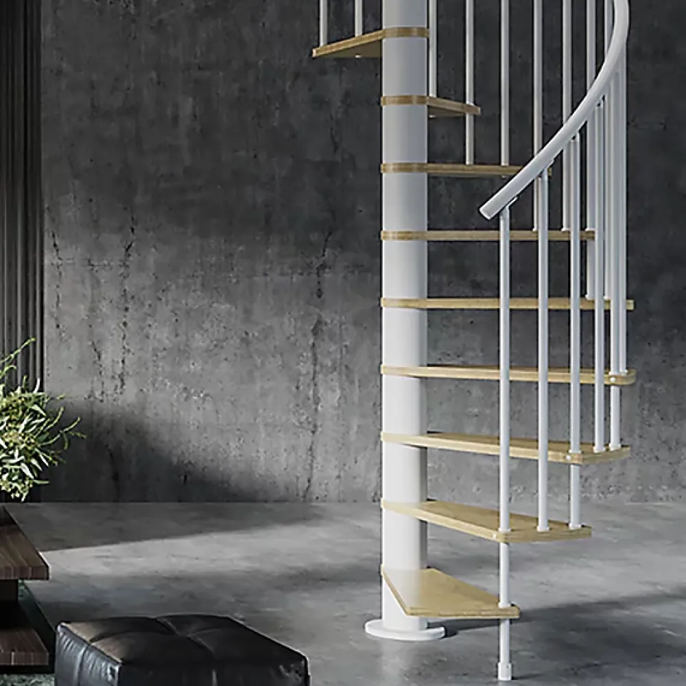 Matisere Escalier colimaçon 13 marches - Hauteur à franchir 2.67 à 3.12m - Diamètre 138cm - Bois et blanc - Sens anti-horaire -- Escalier Colimaçon