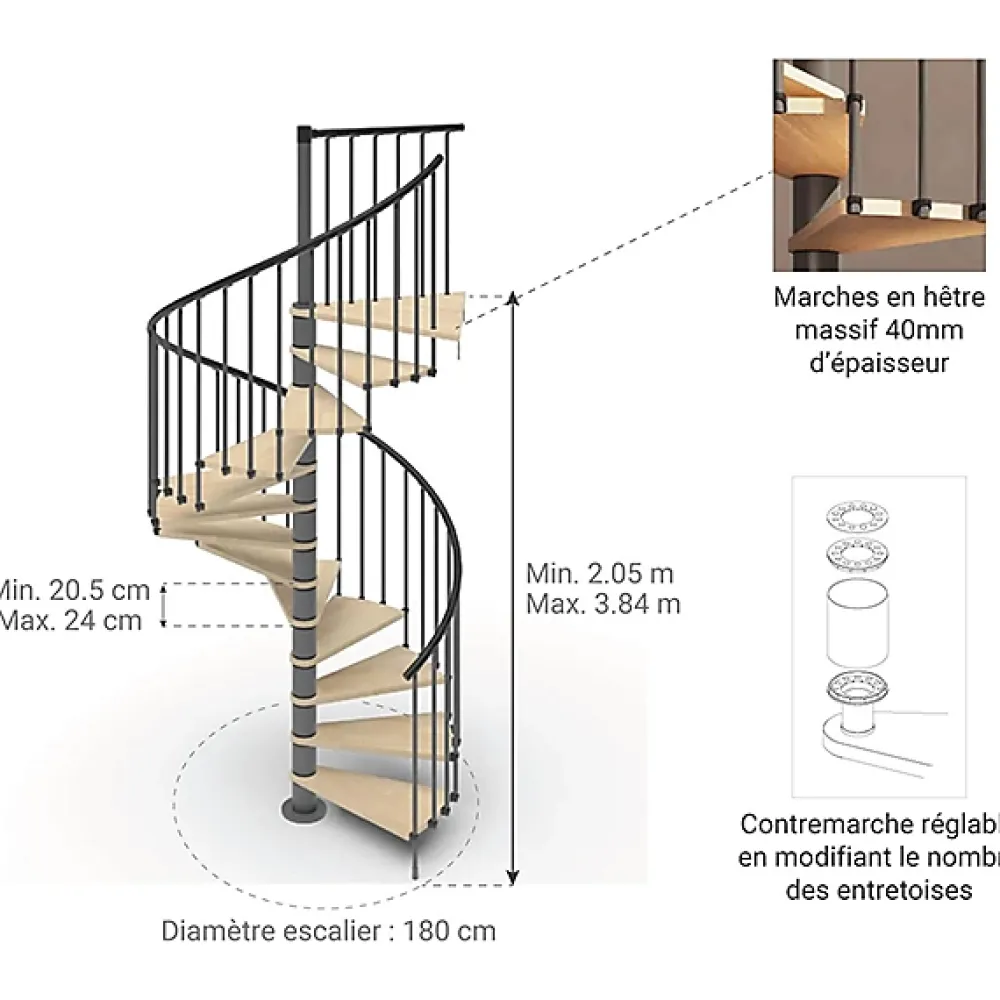 Matisere Escalier Colimaçon<Escalier colimaçon 16 marches - Haut. à franchir 3.28 à 3.84m - Diam. 180cm - Trémie ronde - Struct. anthracite / marches Naturel