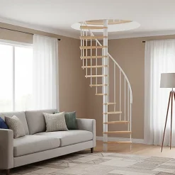 Matisere Escalier colimaçon 9 marches - Hauteur à franchir 1.90 à 2.35m - Structure blanche et marche hêtre - Diamètre 120cm - SUON120/BH-9- Escalier Quart Tournant