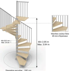 Matisere Escalier colimaçon 11 marches - Haut. à franchir 2.26m à 2.64m - Diam. 180cm - Trémie carrée - Struct. grise / marches Naturel -- Escalier Colimaçon