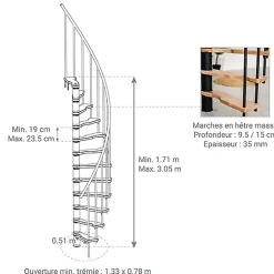 Matisere Escalier Quart Tournant<Escalier colimaçon 8 marches - Hauteur à franchir 1.71 à 2.12m - Structure noire et marche hêtre - Diamètre 140cm - SUON140/NH-8