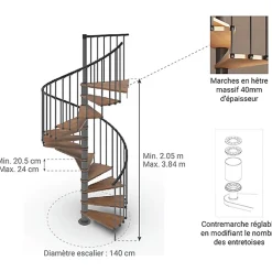 Matisere Escalier Colimaçon<Escalier colimaçon 15 marches - Haut. à franchir 3.08 à 3.60m - Diam. 140cm - Struct. anthracite / marches noyer - Trémie ronde -