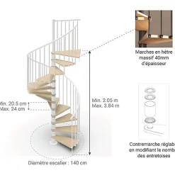 Matisere Escalier Colimaçon<Escalier colimaçon 15 marches - Haut. à franchir 3.08 à 3.60m - Diam. 140cm - Struct. blanche et marche naturel - Trémie ronde -