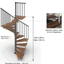 Matisere Escalier colimaçon 16 marches - Haut. à franchir 3.28 à 3.84m - Diam. 140cm - Trémie carrée - Struct. anthracite / marches noyer -- Escalier Colimaçon