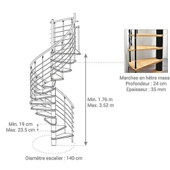 Matisere Escalier colimaçon 10 marches - Diamètre 140cm - Hauteur à franchir 1.95 à 2.35m - Blanc et hêtre - VENE140-SBMNAT-10- Escalier Colimaçon
