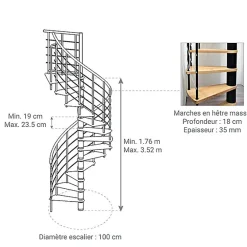 Matisere Escalier Quart Tournant<Escalier colimaçon 15 marches - Hauteur à franchir 3.04 à 3.52m - Structure blanche et marche hêtre - Diamètre 100cm -