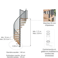 Matisere Escalier Colimaçon<Escalier colimaçon 14 marches - Hauteur à franchir 2.76 à 3.29m - Diamètre 140cm - Structure grise et marche hêtre - BERL140-GH-14