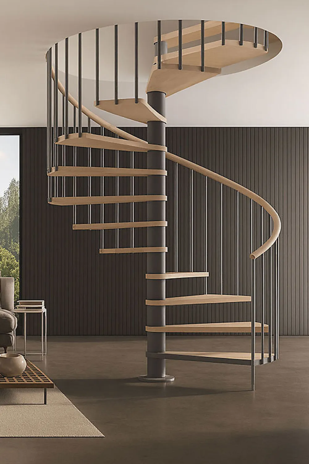 Matisere Escalier colimaçon 10 marches - Haut. à franchir 2.05 à 2.40m - Diam. 180cm - Trémie ronde - Struct. anthracite / marches Naturel- Escalier Colimaçon