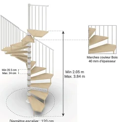 Matisere Escalier Colimaçon<Escalier colimaçon 14 marches - Haut. à franchir 2.84 à 3.36m - Diam. 120cm - Trémie carrée - Struct. blanche / marches naturel -