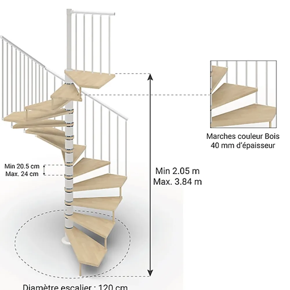 Matisere Escalier colimaçon 12 marches - Haut. à franchir 2.46 à 2.88m - Diam. 120cm - Trémie carrée - Struct. blanche / marches naturel -- Escalier Colimaçon