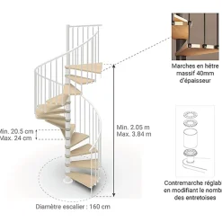 Matisere Escalier Colimaçon<Escalier colimaçon 14 marches - Haut. à franchir 2.87 à 3.36m - Diam. 160cm - Trémie ronde - Struct. blanche / marches Naturel -