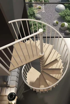 Matisere Escalier Colimaçon<Escalier colimaçon 14 marches - Haut. à franchir 2.87 à 3.36m - Diam. 160cm - Trémie ronde - Struct. blanche / marches Naturel -