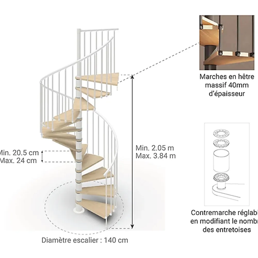 Matisere Escalier colimaçon 10 marches - Haut. à franchir 2.05 à 2.40m - Diam. 140cm - Struct. blanche et marche naturel - Trémie ronde -- Escalier Colimaçon
