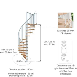 Matisere Escalier colimaçon 9 marches - Hauteur à franchir 1.71 à 2.12m - Diamètre 140cm - Structure blanche et marche hêtre - BERL140-BH-9- Escalier Colimaçon