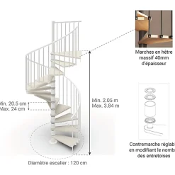 Matisere Escalier colimaçon 11 marches - Haut. à franchir 2.26 à 2.64m - Diam. 120cm - Trémie ronde - Struct. blanche / marches blanchi -- Escalier Colimaçon