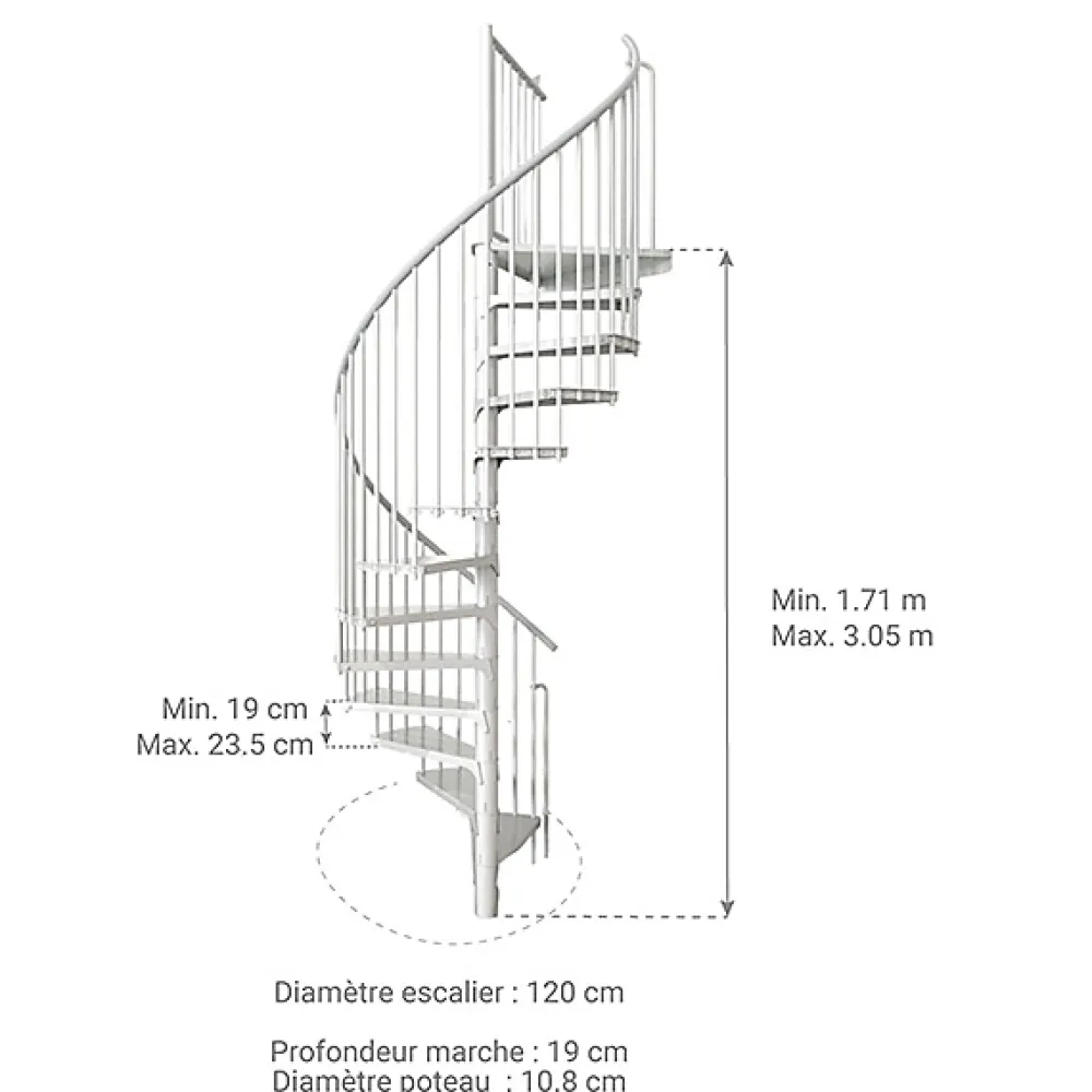 Matisere Escalier Colimaçon<Escalier colimaçon métal 9 marches - Hauteur à franchir 1.71 à 2.12m - Diamètre 120cm - Structure blanche et marche blanche -